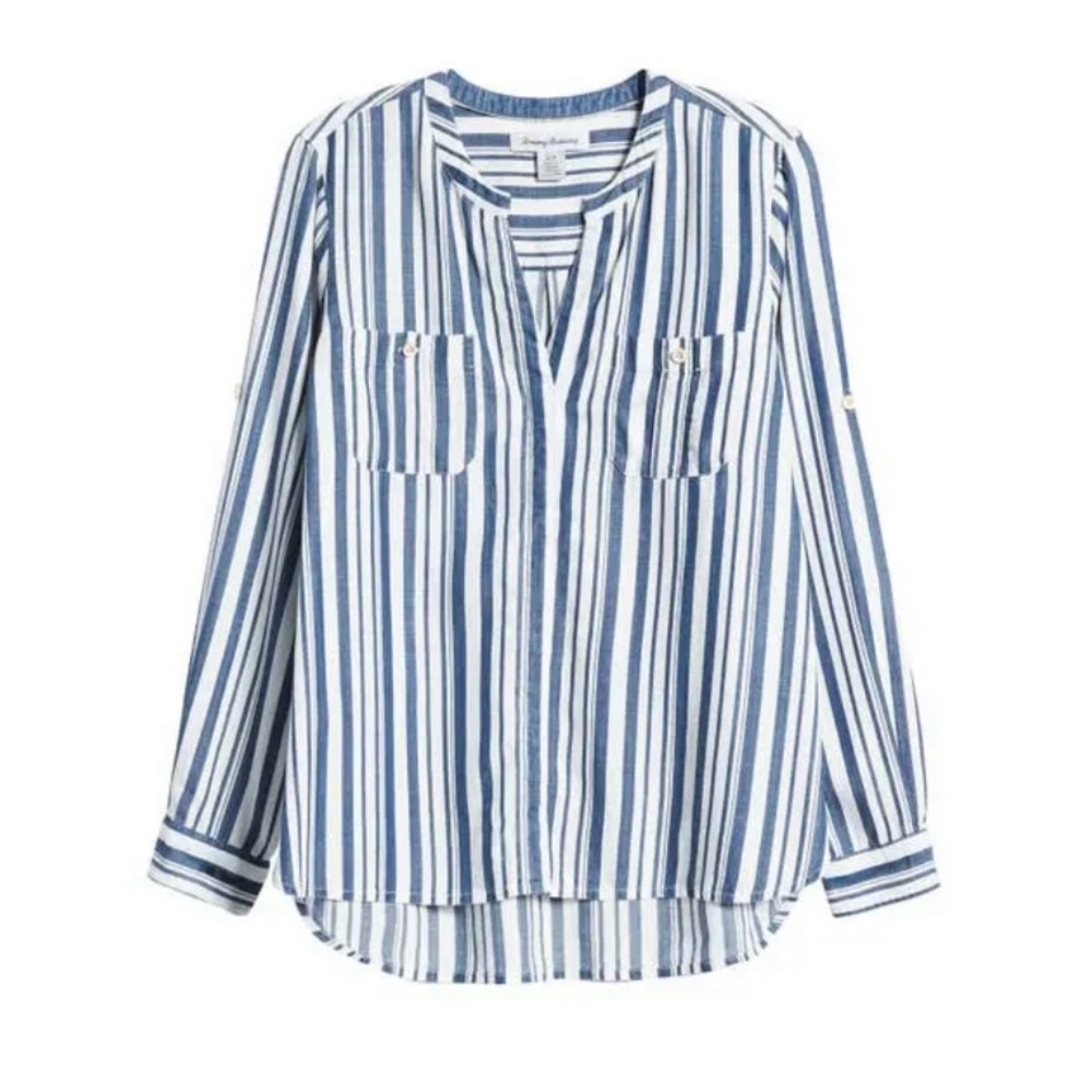 Tommy Bahama Blue White Striped Roll Tab Sleeve Shirt Women XS Casual Top - Picture 5 of 13